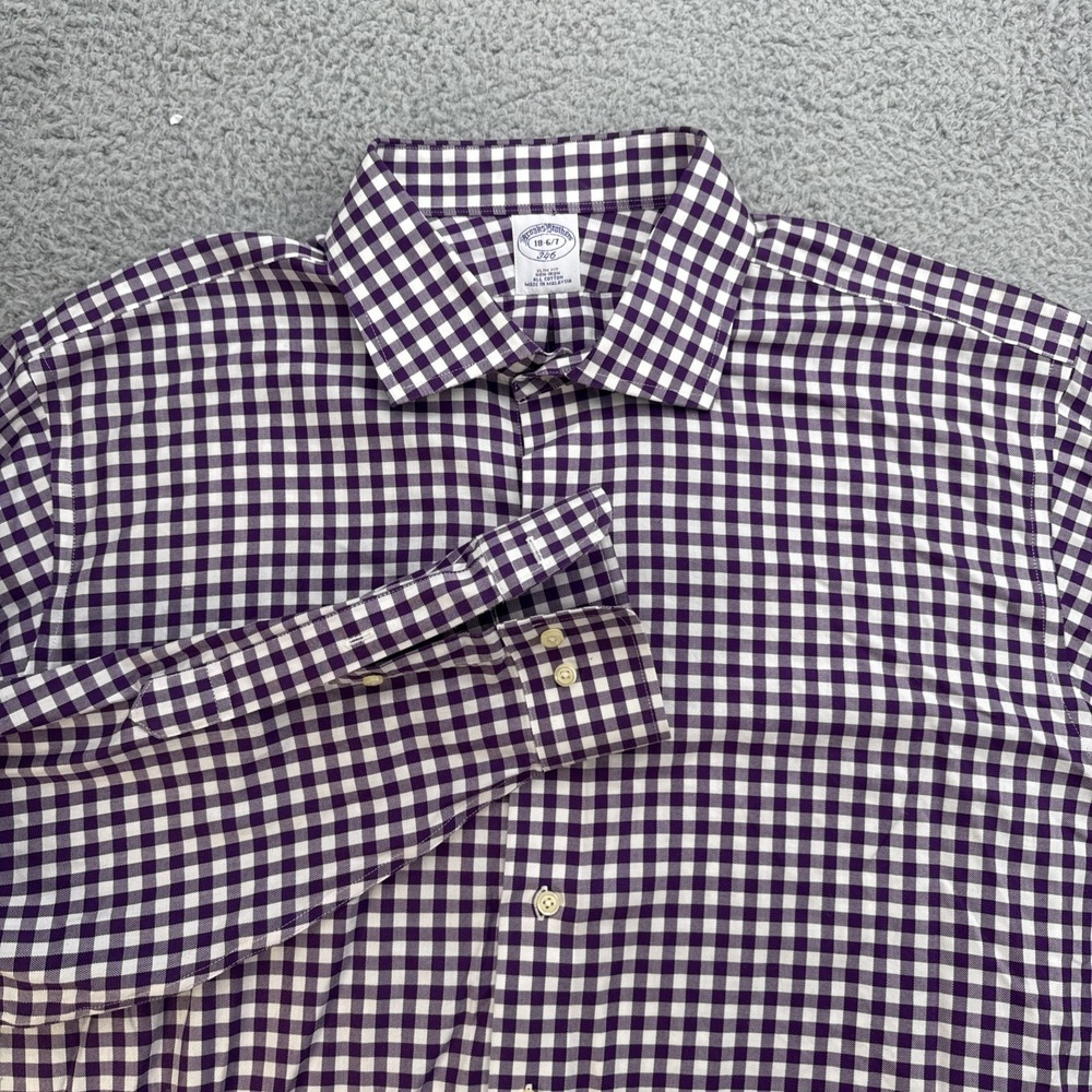 Brooks Brothers Dress Shirt Mens 2XL Purple Check Slim Fit Non-Iron 346 18 36/37